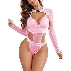 Women Pink Festival Sexy Lingerie Bodysuit Buckle Shrug Crop Top Set Outfits